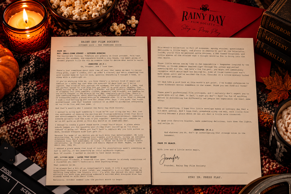A Rainy Day Film Society letter from the host, signed by Jennifer, laid out beside a red envelope, popcorn and candles