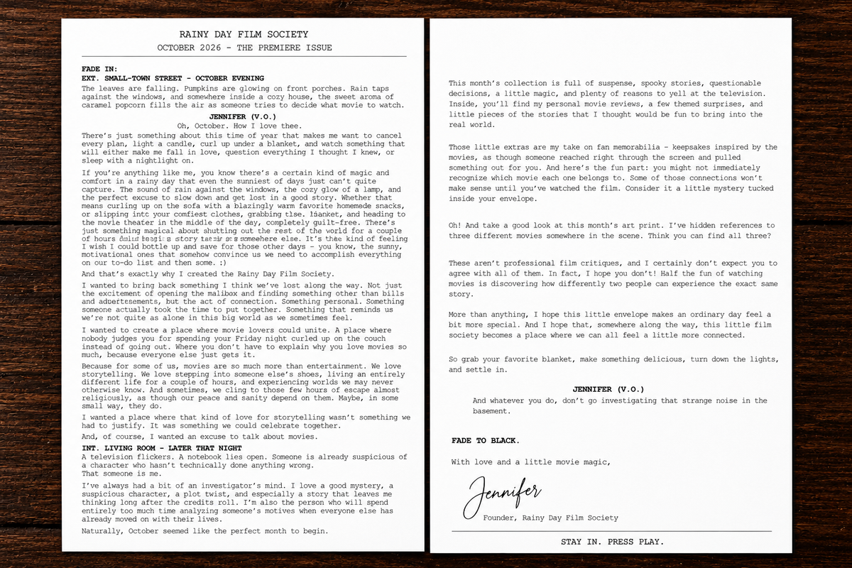 A Rainy Day Film Society letter from the host, signed by Jennifer