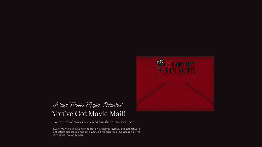 A Rainy Day Film Society letter opening to reveal the host's letter, film reviews, art prints and rating cards