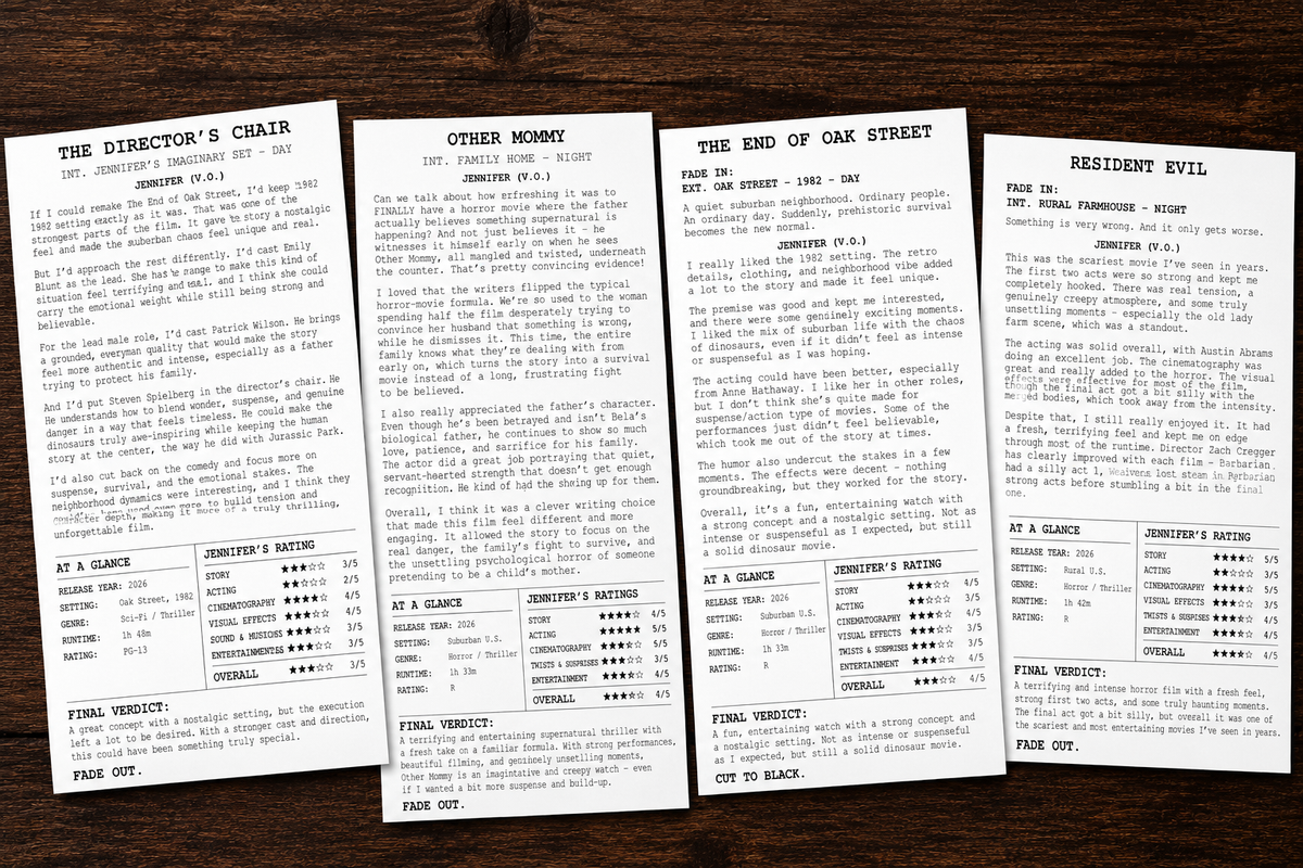 Two printed film review sheets from a Rainy Day Film Society letter, with star ratings, beside a red envelope and candles